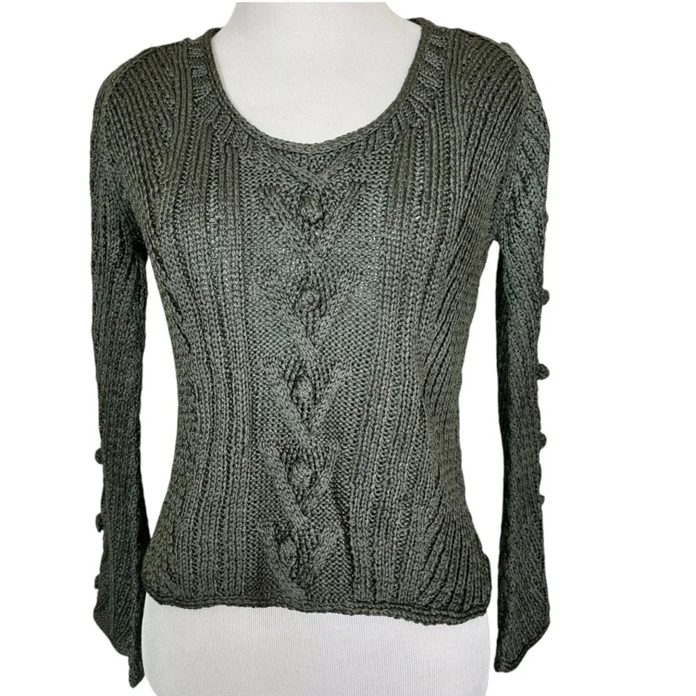 Mugler 100% Silk Hunter Green Cable Loose Knit Cropped Sweater Size Small